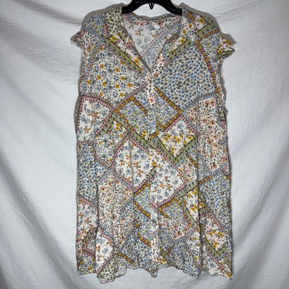 AUW Womens 3X Floral Patchwork Sleeveless Button Down Ruffle Tunic Boho Top